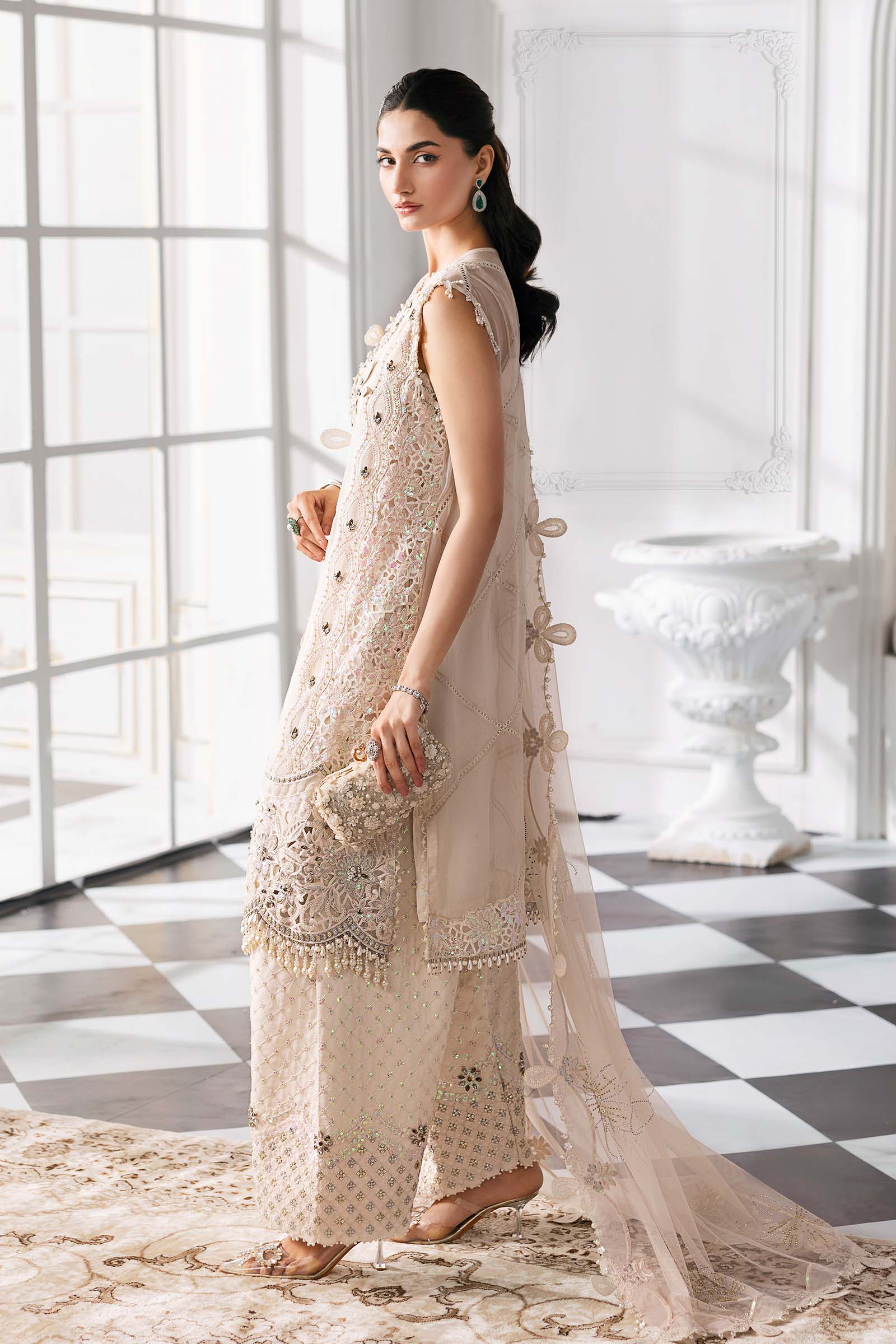 Off-White Embroidered Chiffon & Organza 3-Piece Suit - Image 17