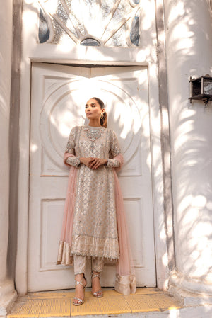 Pakistani Off-White Embellished Chiffon Banarsi Salwar Kameez (3-Piece) - Image 1