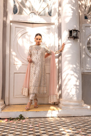 Pakistani Off-White Embellished Chiffon Banarsi Salwar Kameez (3-Piece) - Image 2