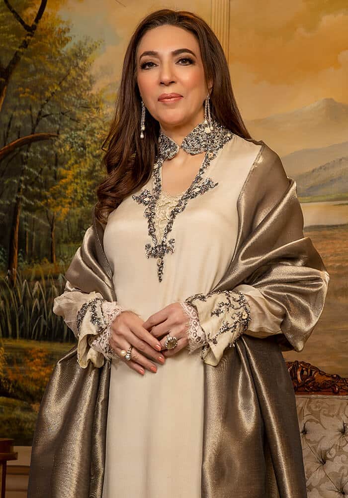 Pakistani Ivory Beige Embellished Chiffon Salwar Kameez (3-Piece) - Image 1