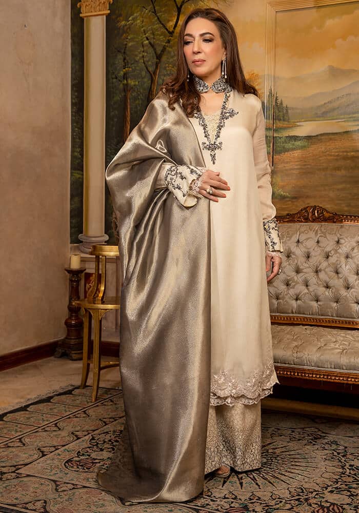 Pakistani Ivory Beige Embellished Chiffon Salwar Kameez (3-Piece) - Image 2