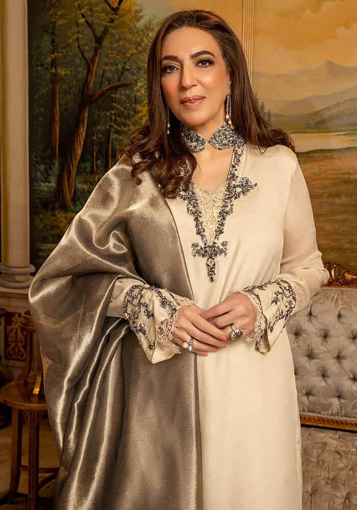 Pakistani Ivory Beige Embellished Chiffon Salwar Kameez (3-Piece) - Image 3