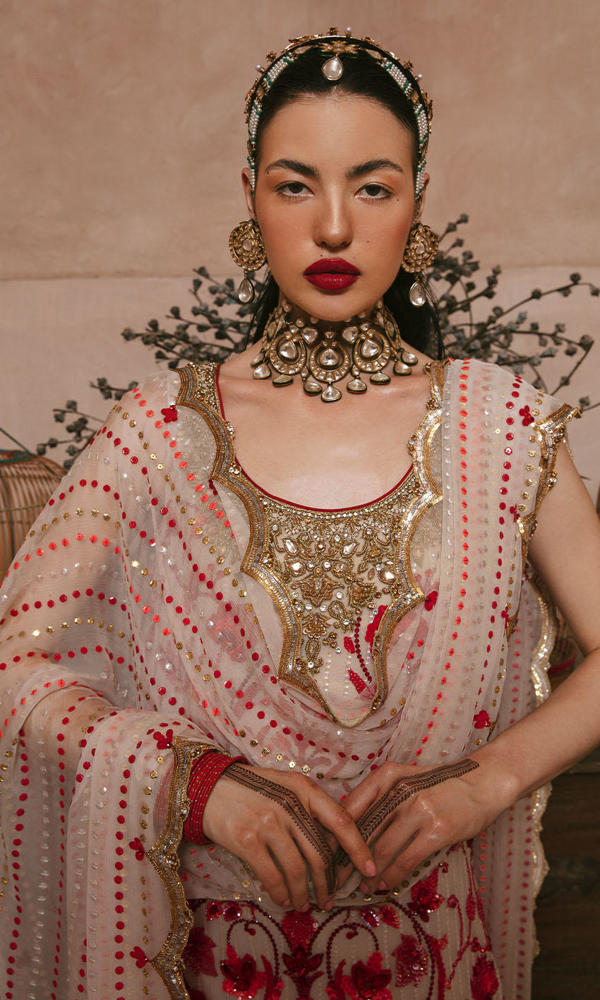 Pakistani Ivory & Red Handworked Chiffon Salwar Kameez (3-Piece) - Image 3