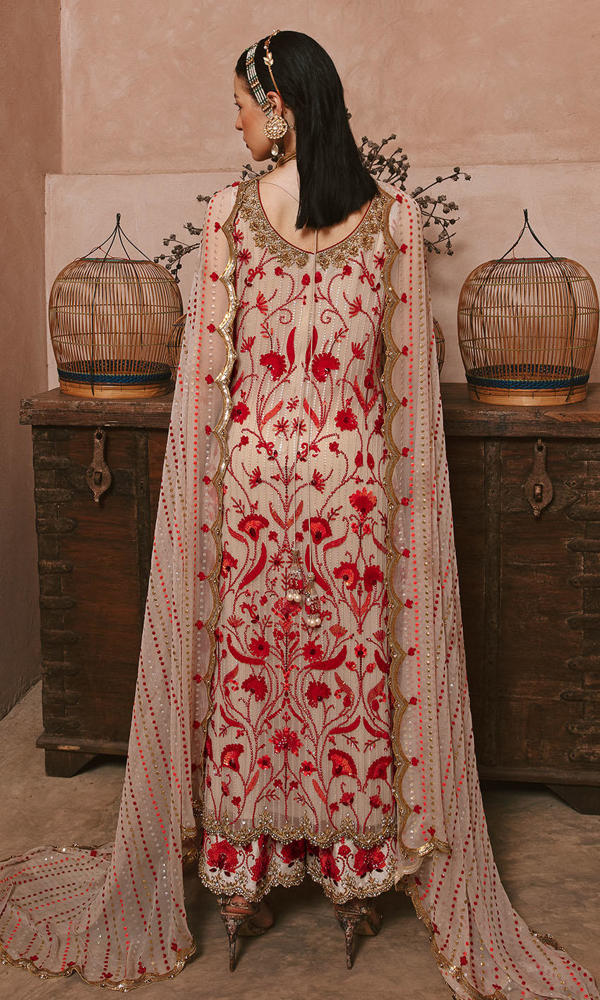 Pakistani Ivory & Red Handworked Chiffon Salwar Kameez (3-Piece) - Image 4