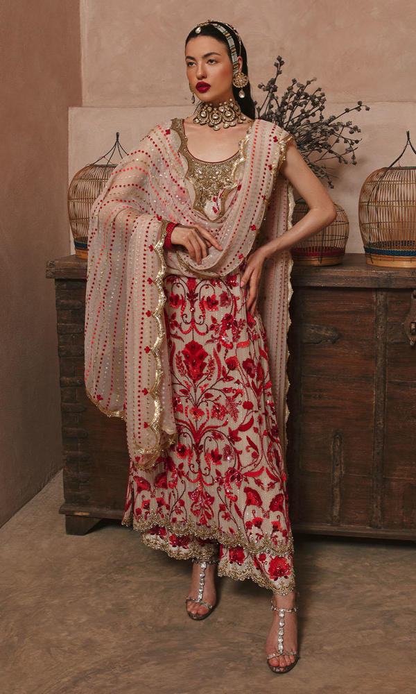 Pakistani Ivory & Red Handworked Chiffon Salwar Kameez (3-Piece) - Image 5