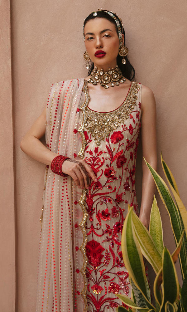 Pakistani Ivory & Red Handworked Chiffon Salwar Kameez (3-Piece) - Image 6