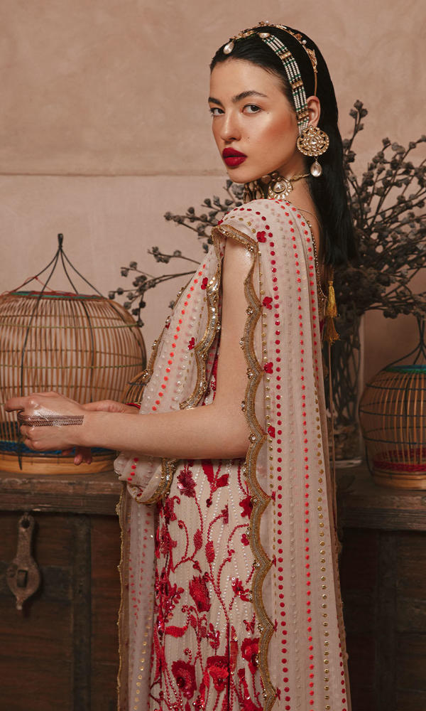 Pakistani Ivory & Red Handworked Chiffon Salwar Kameez (3-Piece) - Image 8