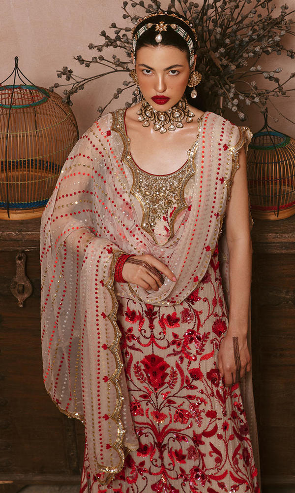 Pakistani Ivory & Red Handworked Chiffon Salwar Kameez (3-Piece) - Image 9