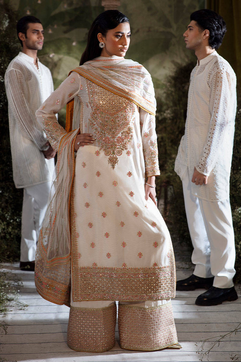 Ivory Embroidered Chiffon Jacquard Salwar Kameez (3-Piece) - Image 1