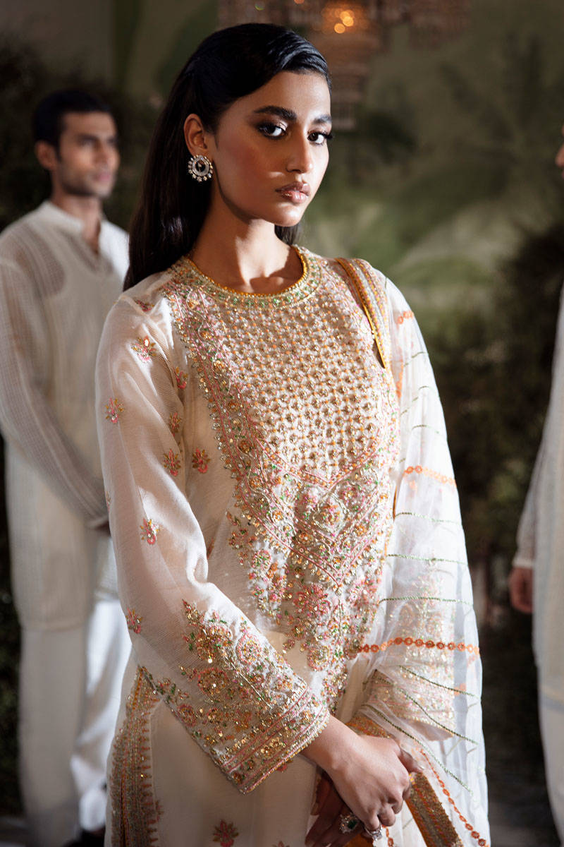 Ivory Embroidered Chiffon Jacquard Salwar Kameez (3-Piece) - Image 2