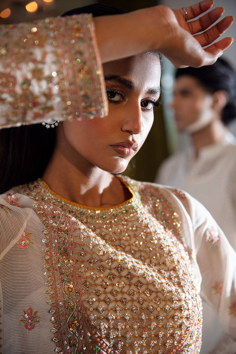 Ivory Embroidered Chiffon Jacquard Salwar Kameez (3-Piece) - Image 3