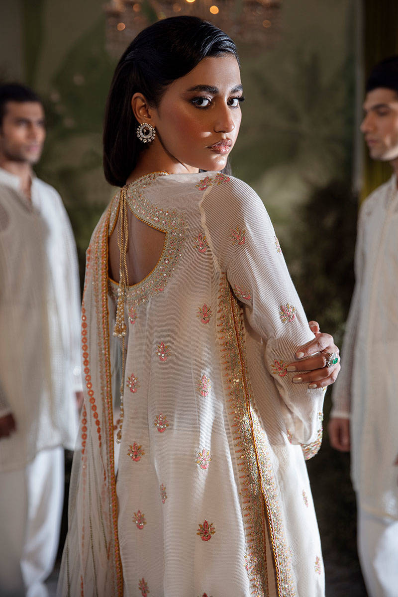 Ivory Embroidered Chiffon Jacquard Salwar Kameez (3-Piece) - Image 4