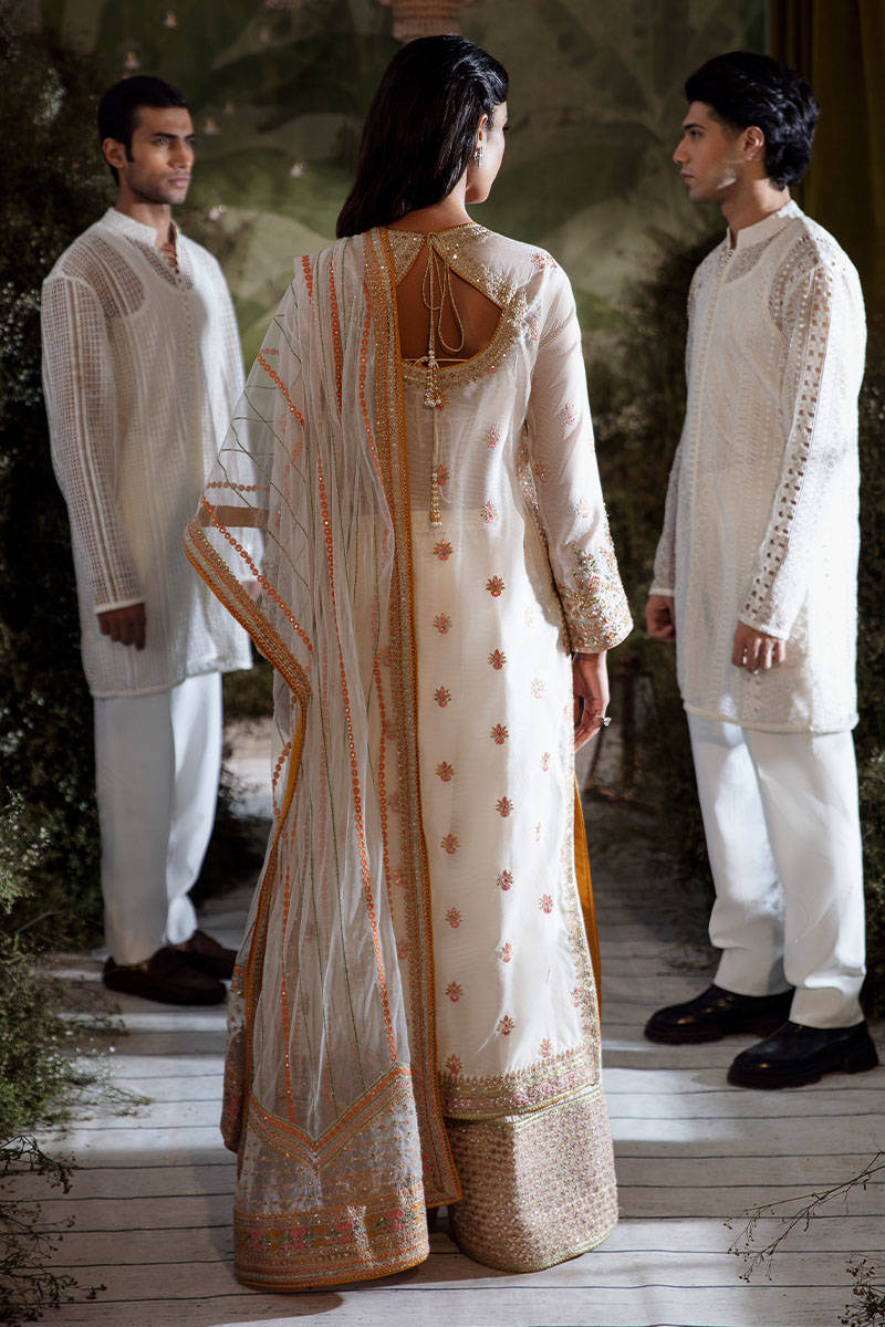 Ivory Embroidered Chiffon Jacquard Salwar Kameez (3-Piece) - Image 5