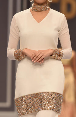 Pakistani Ivory Kundan & Sequin Chiffon Salwar Kameez (2-Piece) - Image 1