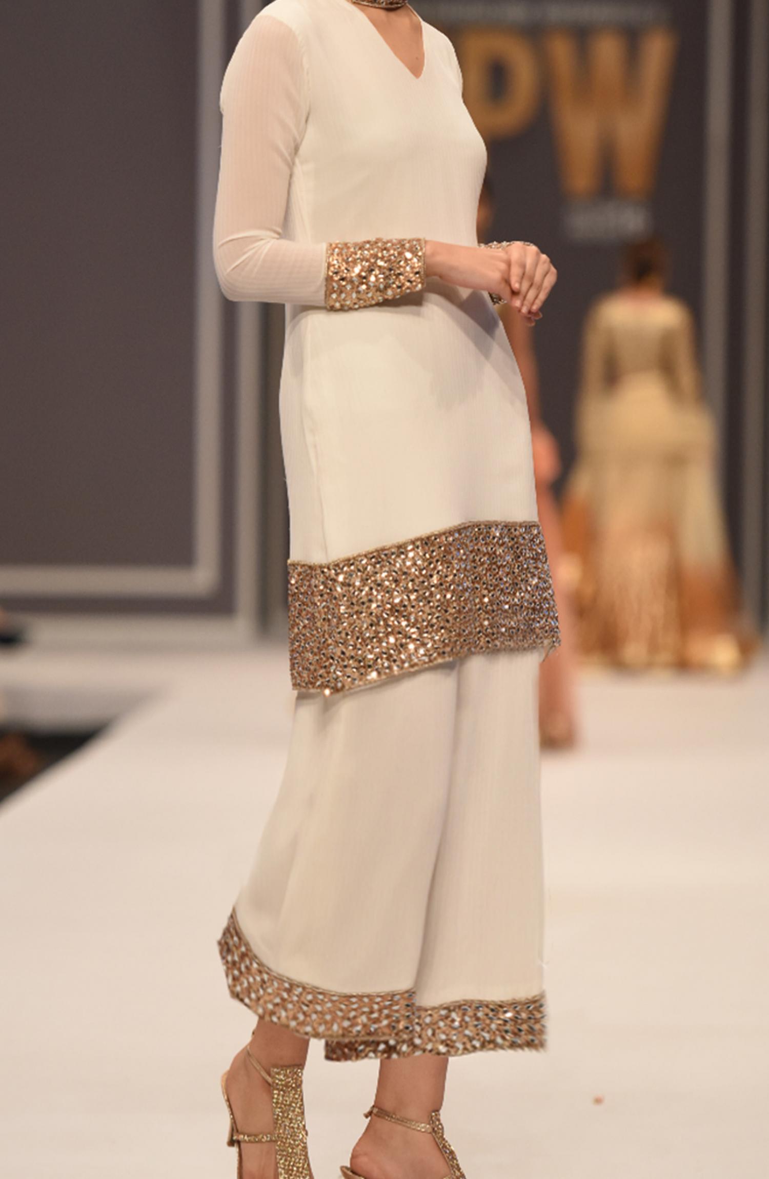 Pakistani Ivory Kundan & Sequin Chiffon Salwar Kameez (2-Piece) - Image 3