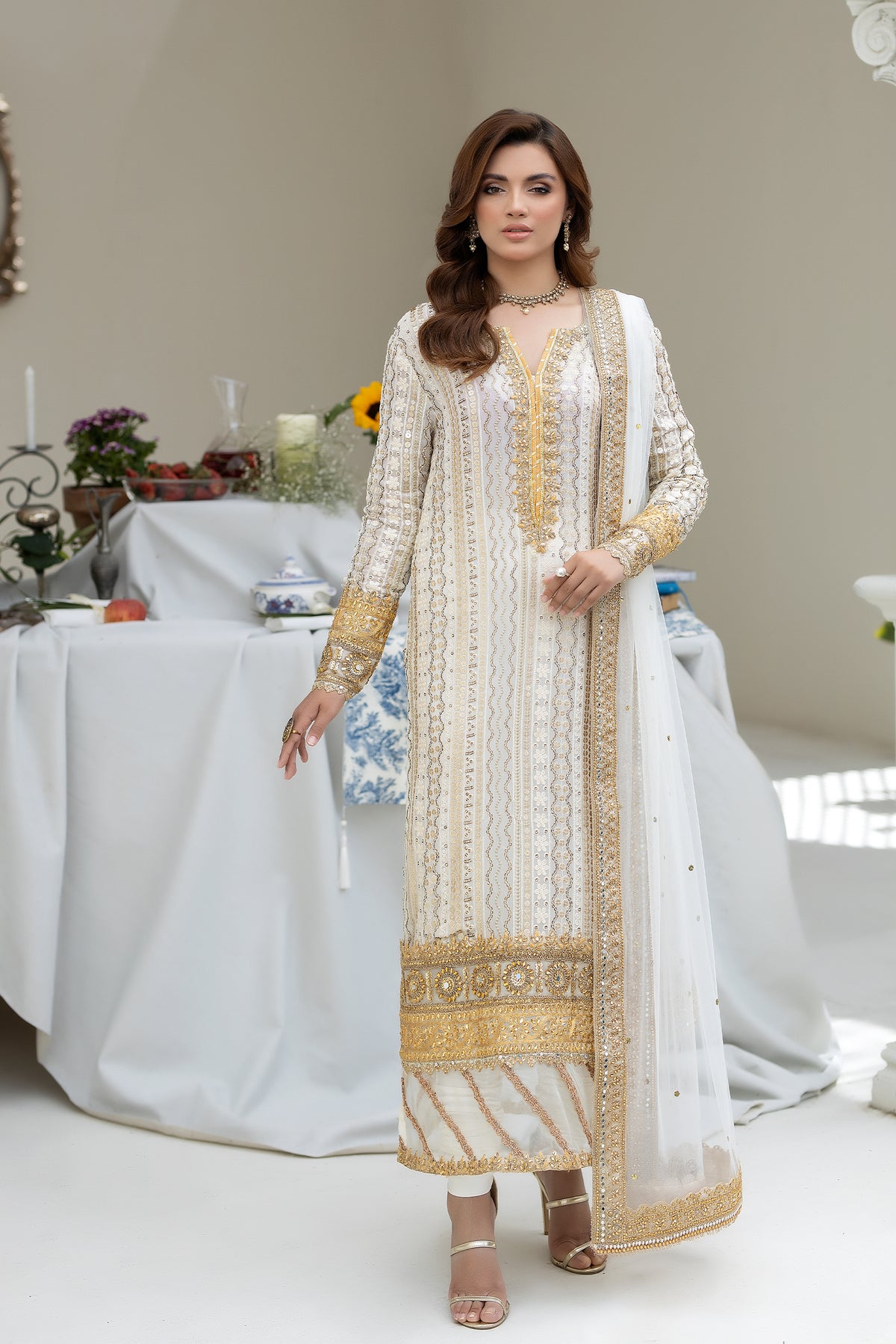 Pakistani Ivory Kundan Zari Sheesha Chiffon Long Shirt (3-Piece) - Image 1