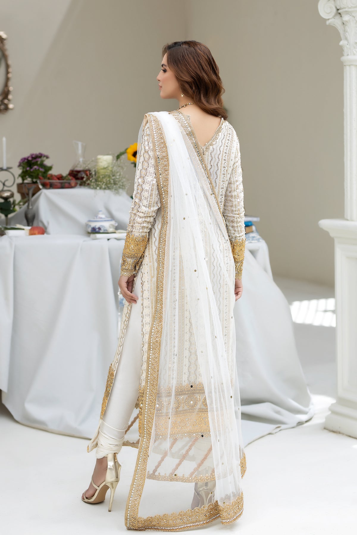 Pakistani Ivory Kundan Zari Sheesha Chiffon Long Shirt (3-Piece) - Image 2