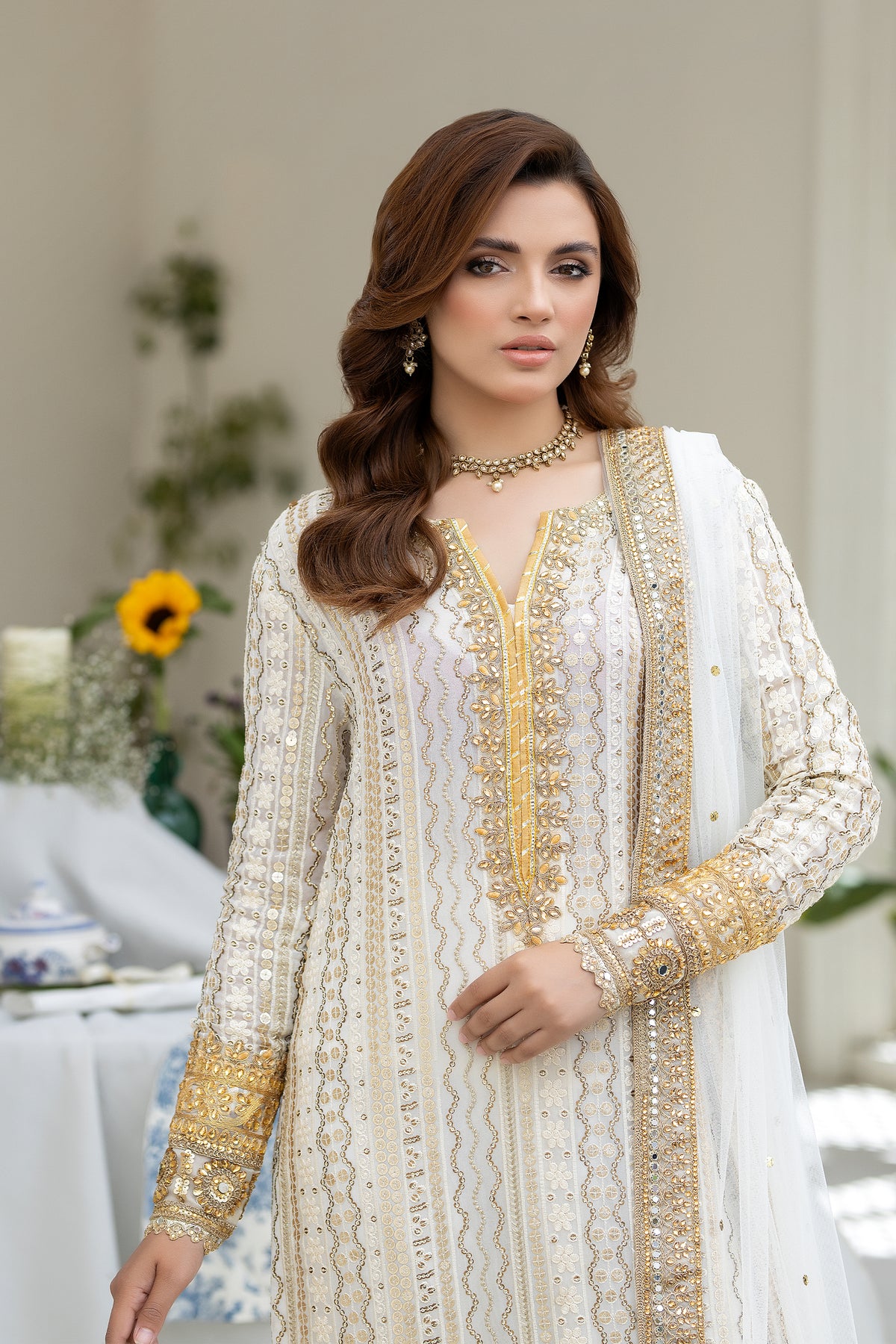 Pakistani Ivory Kundan Zari Sheesha Chiffon Long Shirt (3-Piece) - Image 5
