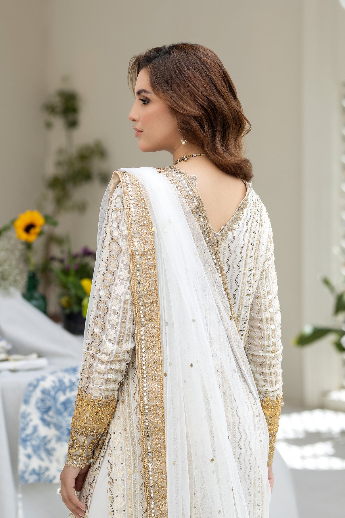 Pakistani Ivory Kundan Zari Sheesha Chiffon Long Shirt (3-Piece) - Image 6