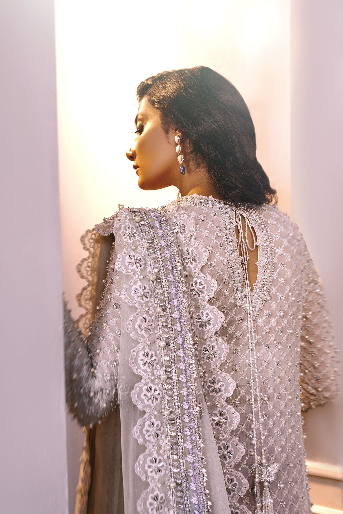 Pakistani Ivory Embellished Chiffon & Organza Salwar Kameez (3-Piece) - Image 4