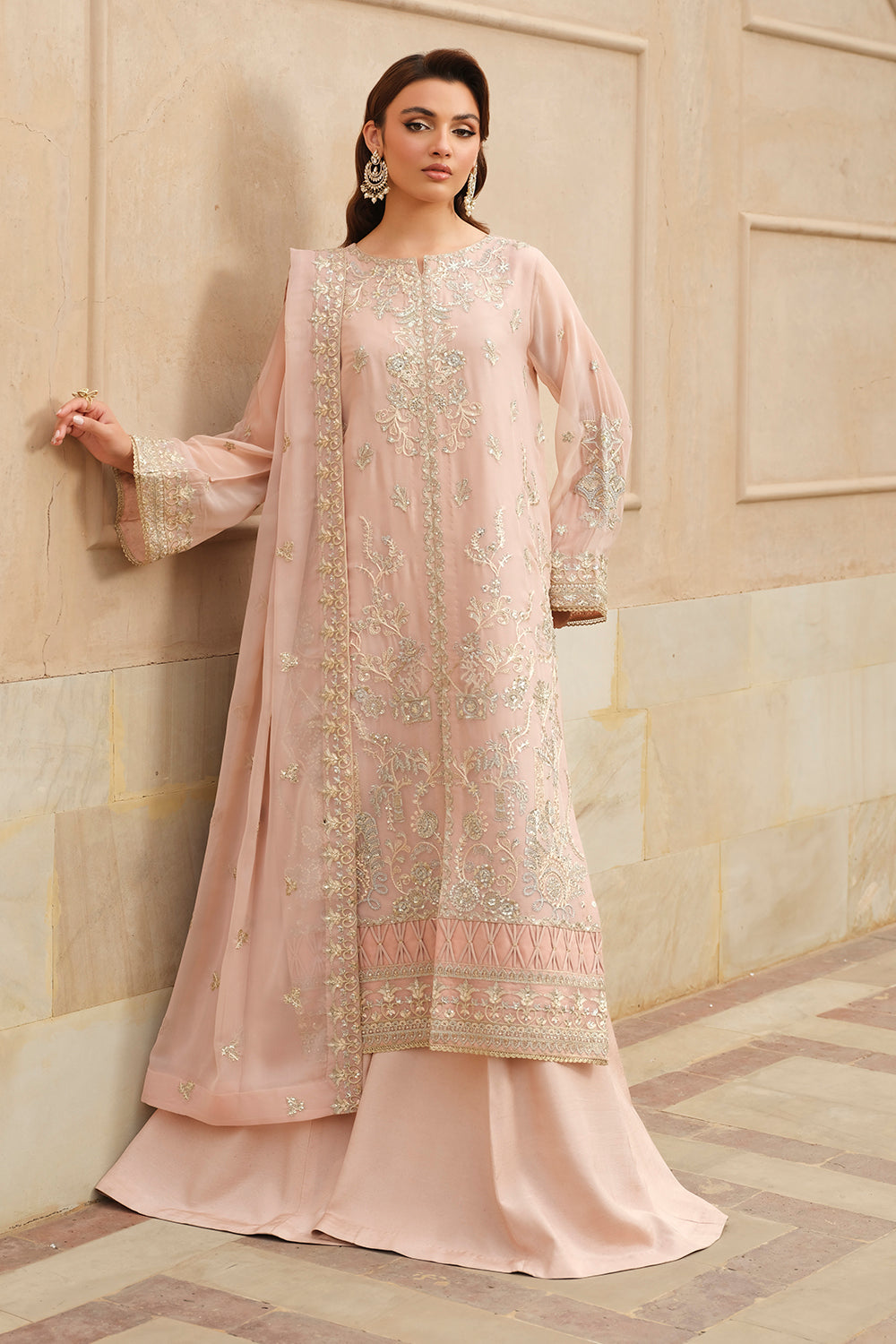 Pakistani Pearled Ivory Embroidered Chiffon Salwar Kameez (3-Piece) - Image 1
