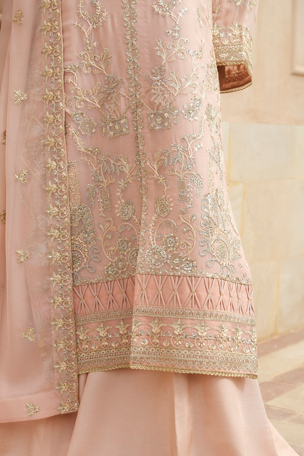 Pakistani Pearled Ivory Embroidered Chiffon Salwar Kameez (3-Piece) - Image 2