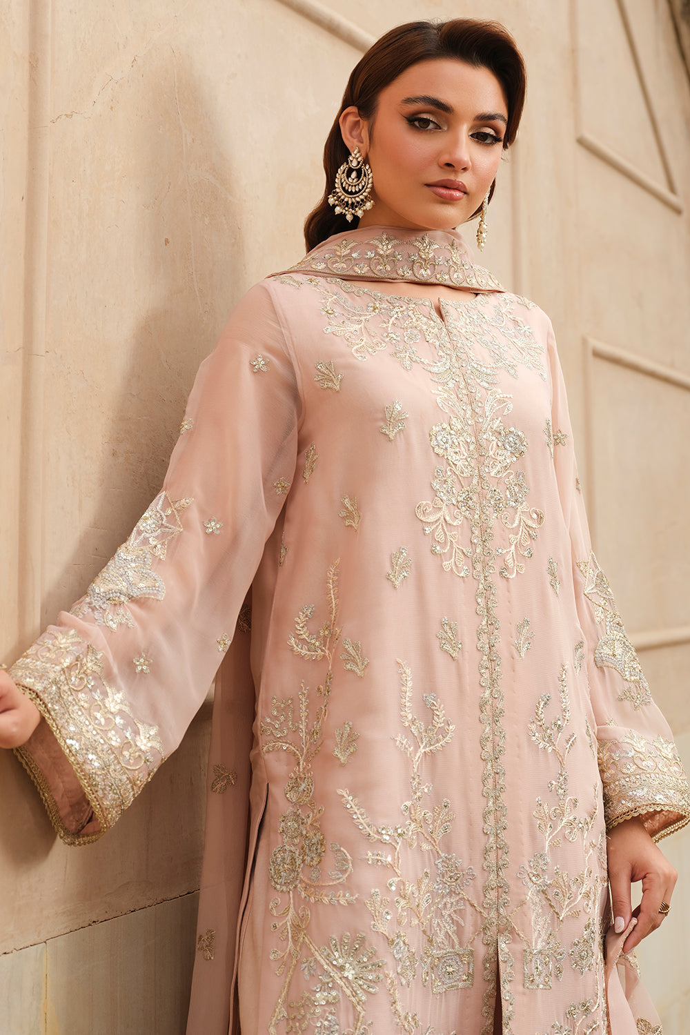 Pakistani Pearled Ivory Embroidered Chiffon Salwar Kameez (3-Piece) - Image 3