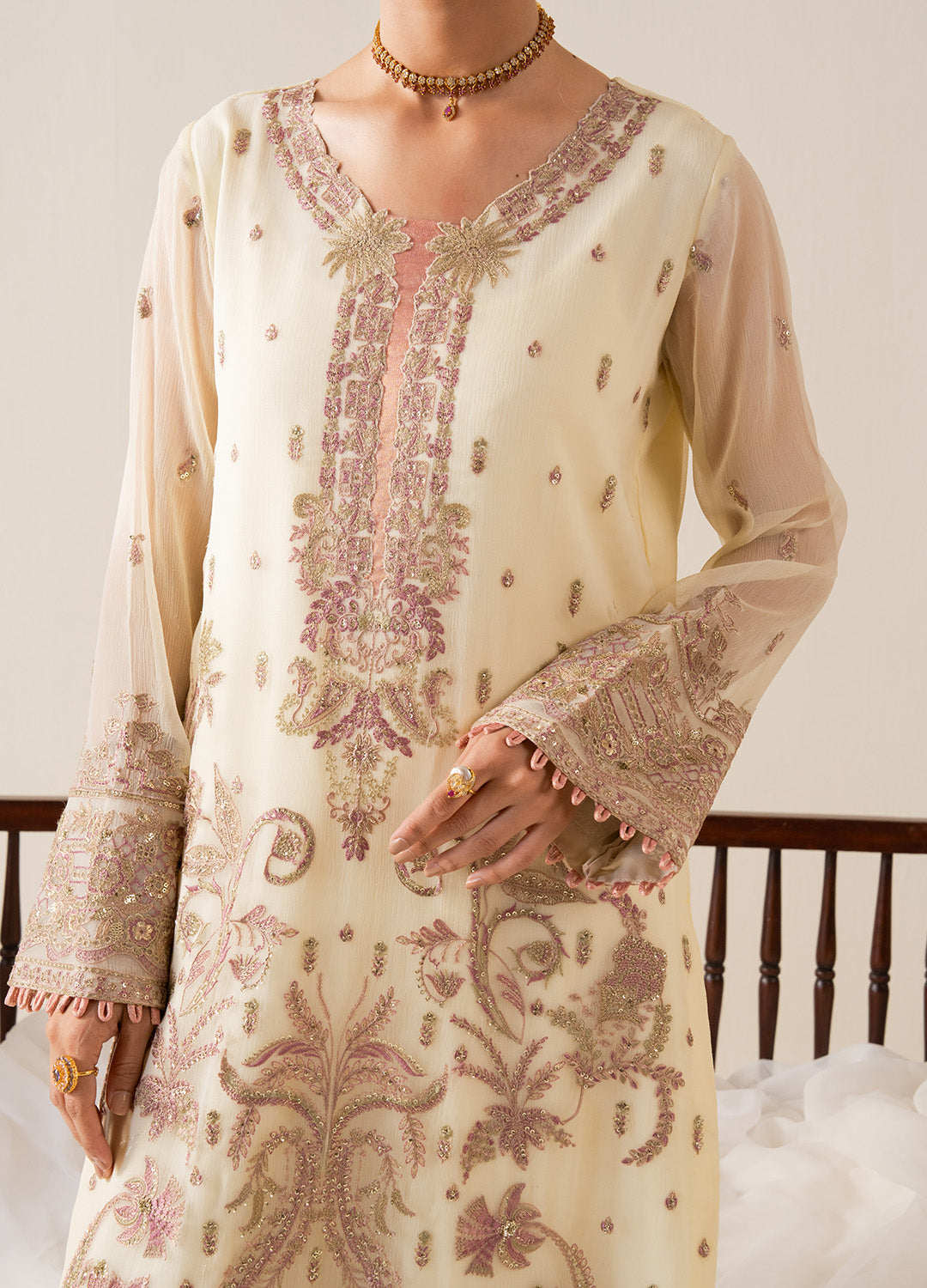Pakistani Parchment Embroidered Chiffon & Organza 3-Piece Suit - Image 2