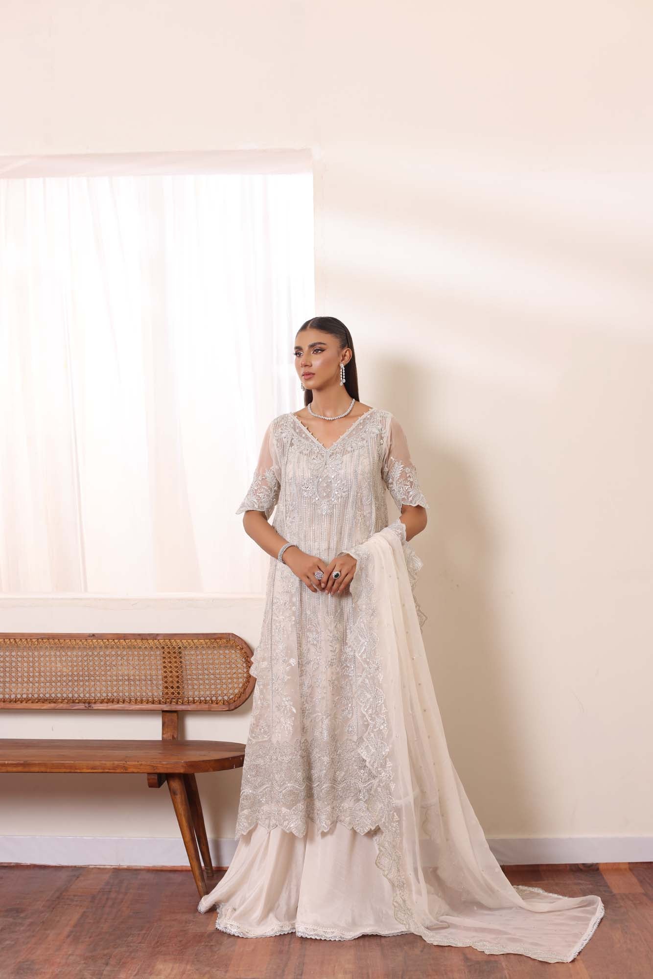 Ivory Sequin & Panni Chiffon Salwar Kameez (3-Piece) - Image 2