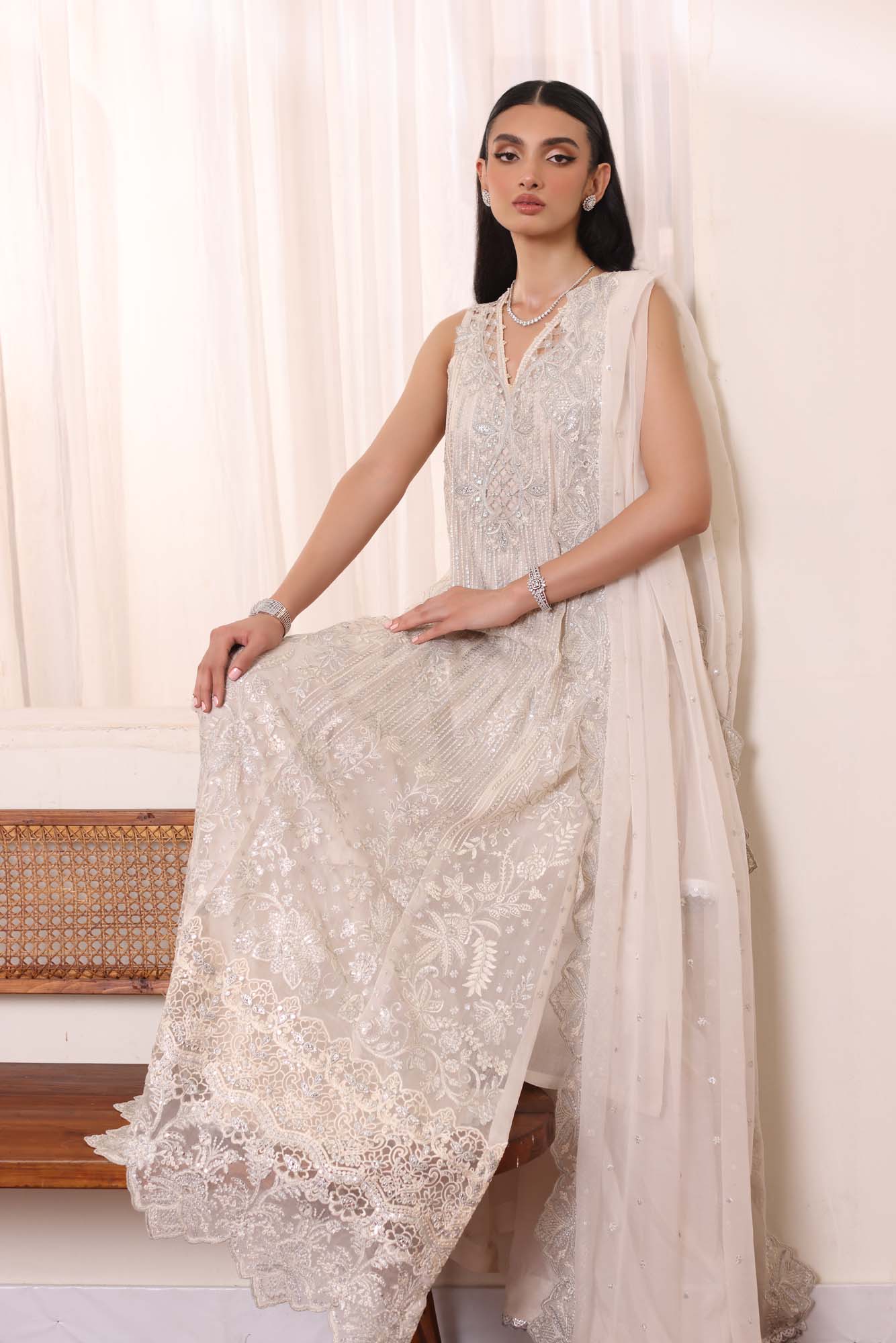 Ivory Sequin & Panni Chiffon Salwar Kameez (3-Piece) - Image 8
