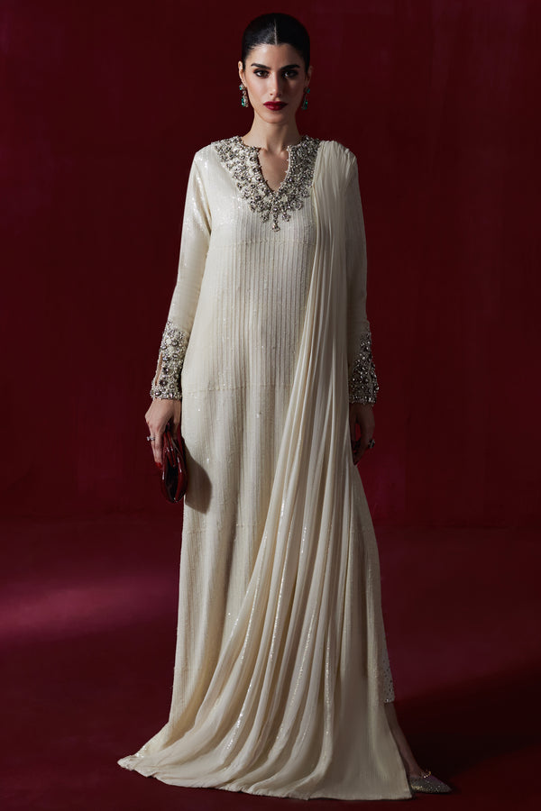 Pakistani Ivory Embellished Chiffon Drape Shirt (2-Piece) - Image 2