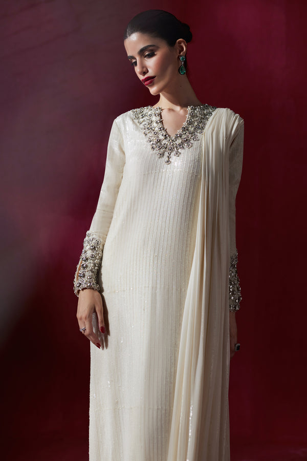 Pakistani Ivory Embellished Chiffon Drape Shirt (2-Piece) - Image 3