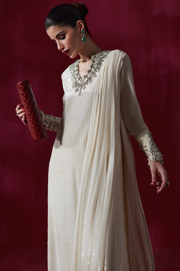 Pakistani Ivory Embellished Chiffon Drape Shirt (2-Piece) - Image 4