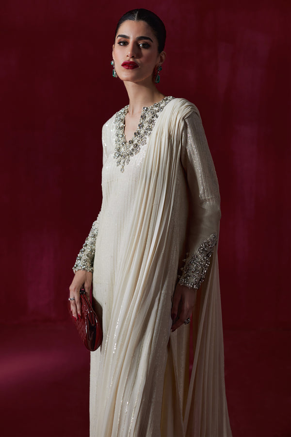 Pakistani Ivory Embellished Chiffon Drape Shirt (2-Piece) - Image 5