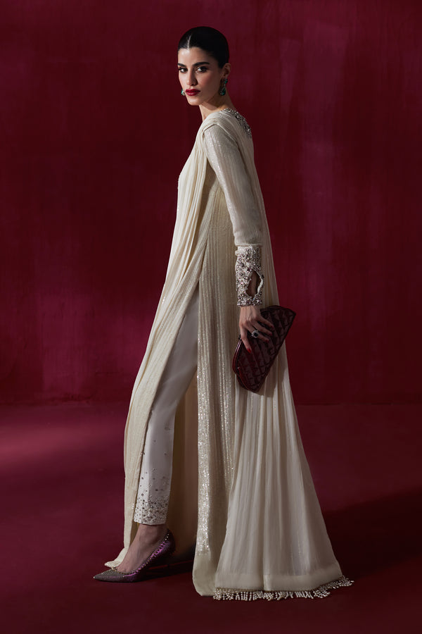 Pakistani Ivory Embellished Chiffon Drape Shirt (2-Piece) - Image 6