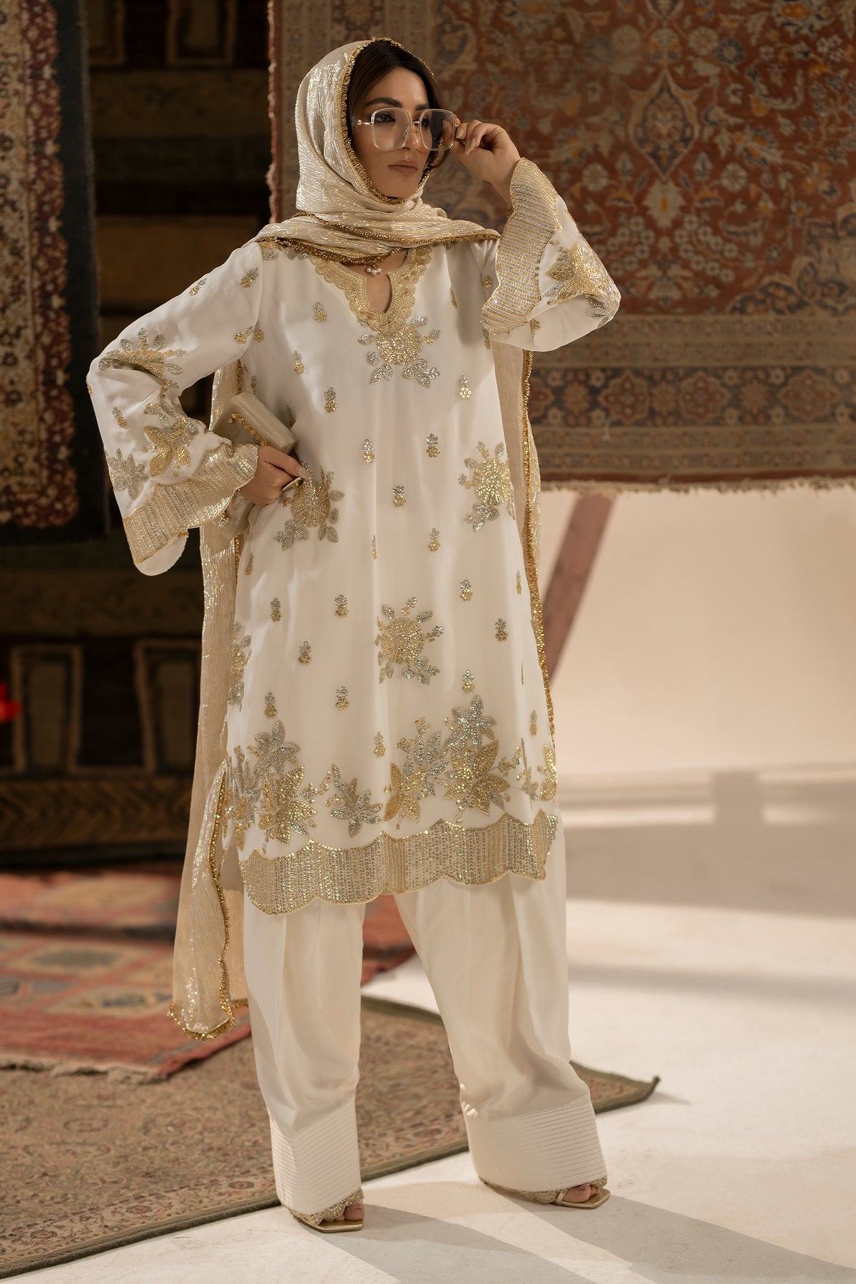 Ivory Embroidered Chiffon & Silk Farshi Shalwar (3-Piece) - Image 1