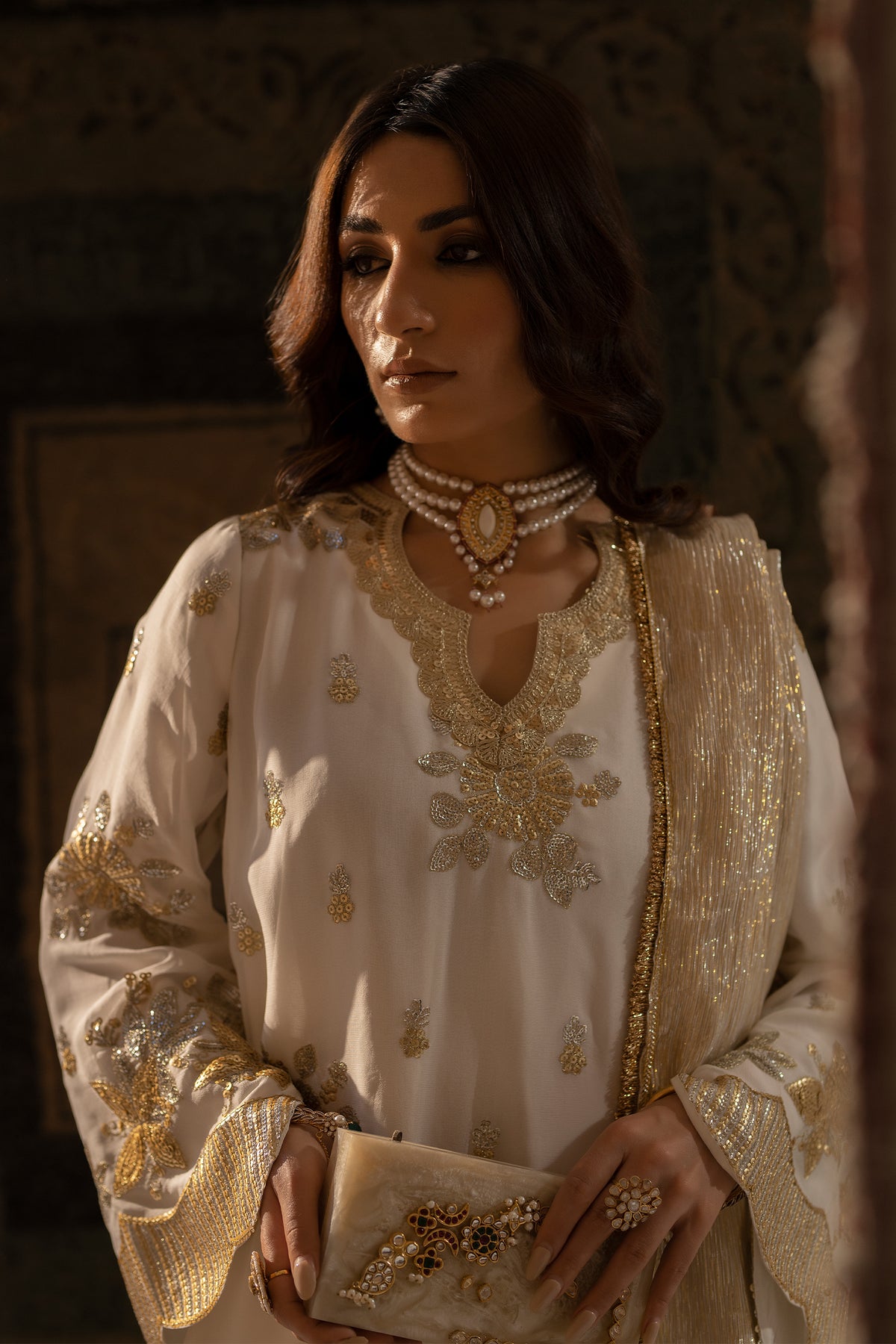 Ivory Embroidered Chiffon & Silk Farshi Shalwar (3-Piece) - Image 2