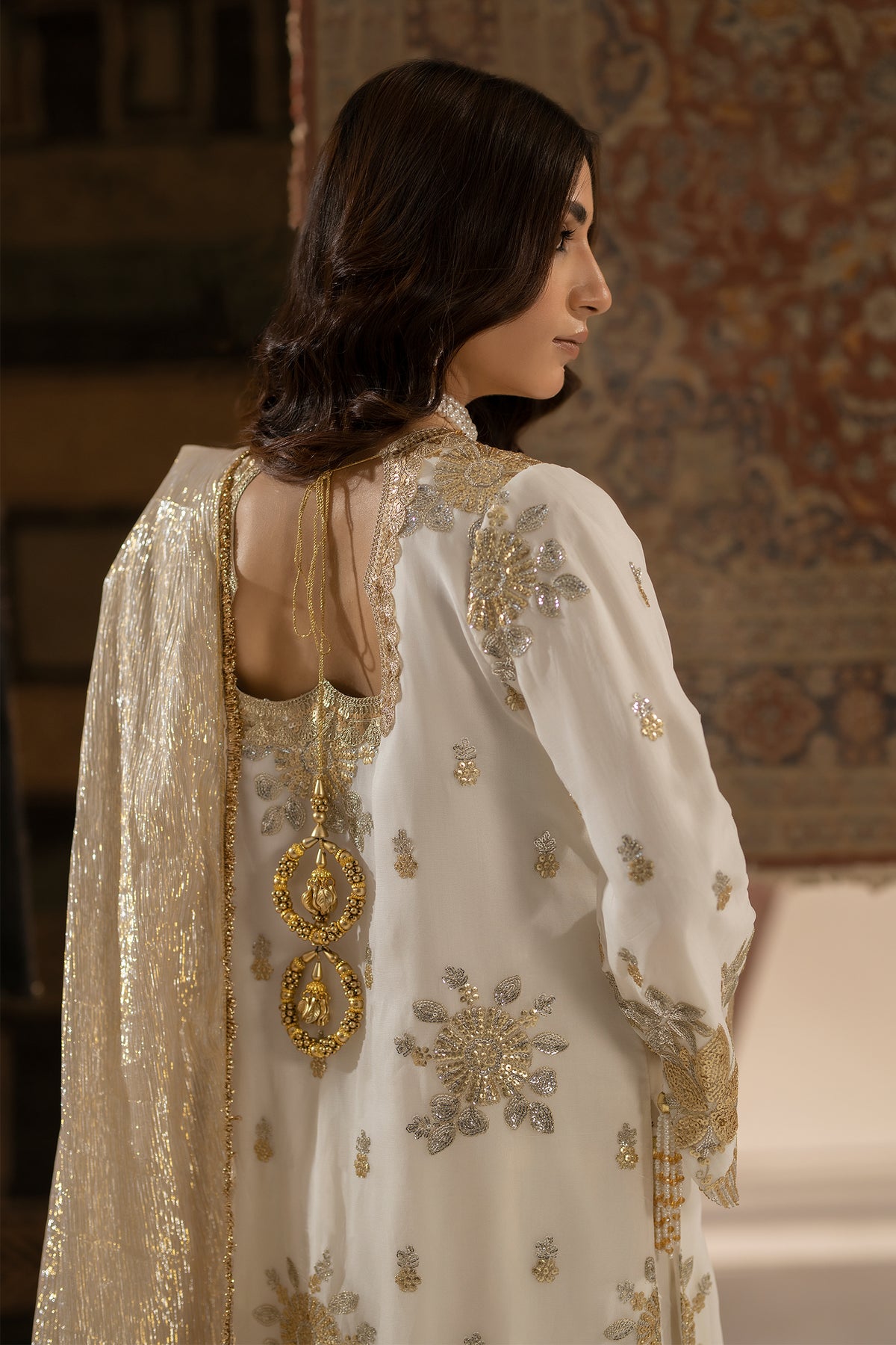 Ivory Embroidered Chiffon & Silk Farshi Shalwar (3-Piece) - Image 3