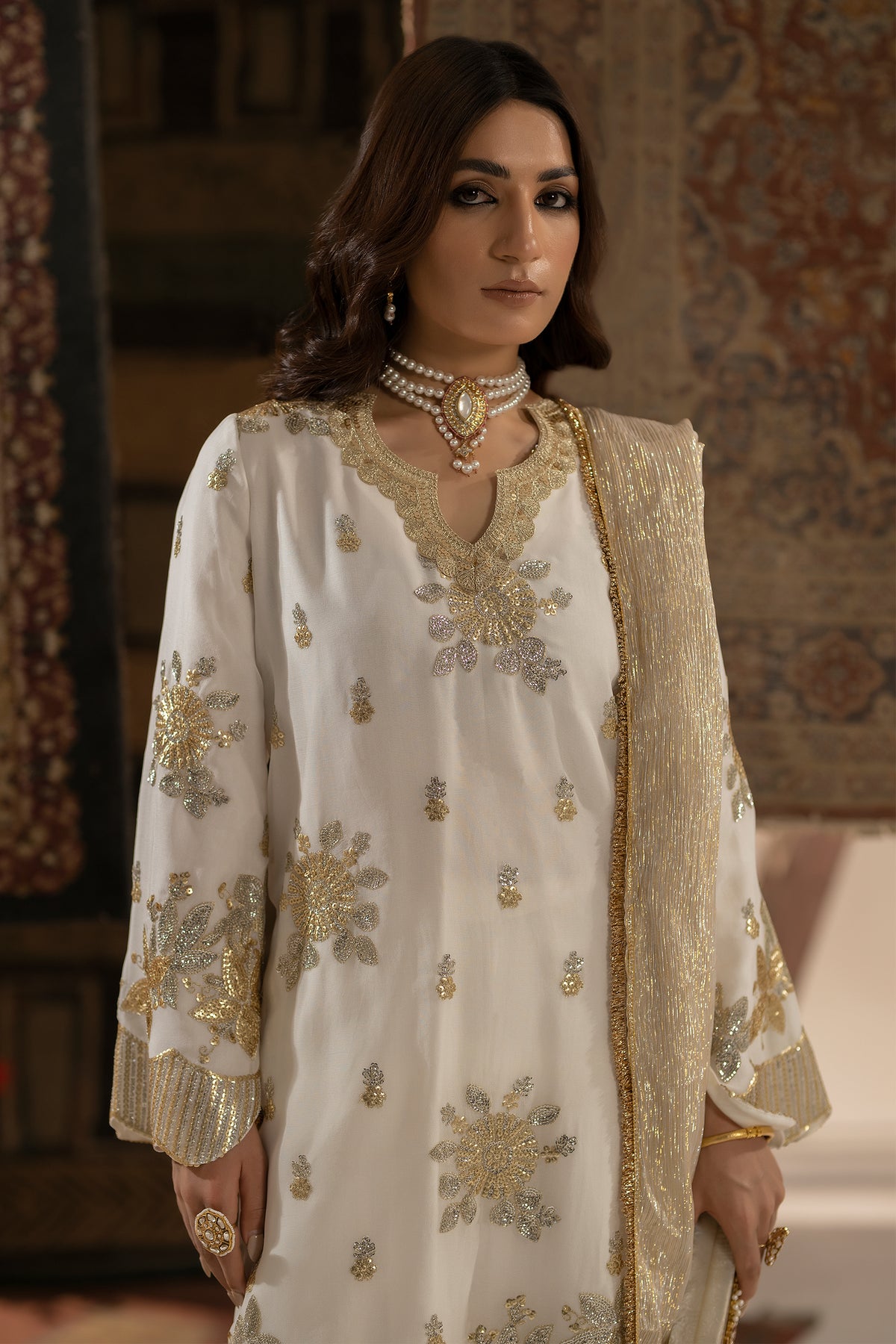Ivory Embroidered Chiffon & Silk Farshi Shalwar (3-Piece) - Image 4