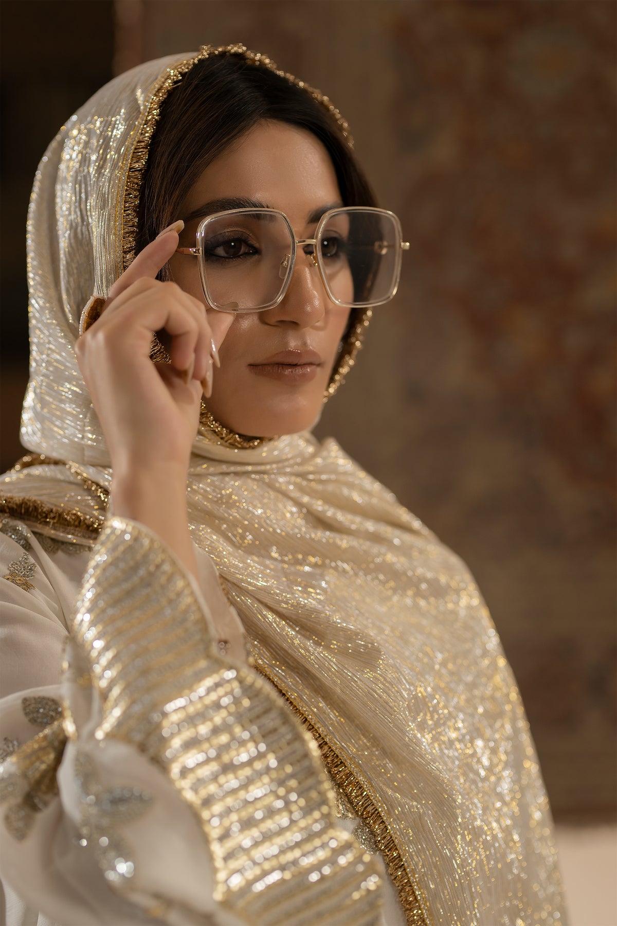 Ivory Embroidered Chiffon & Silk Farshi Shalwar (3-Piece) - Image 5