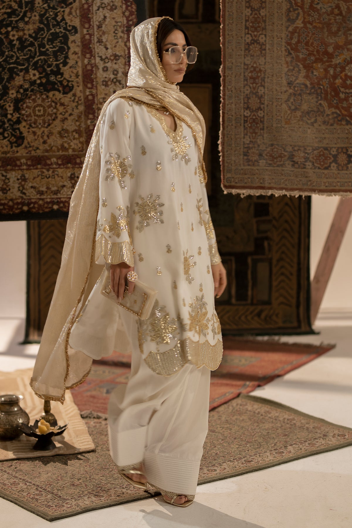Ivory Embroidered Chiffon & Silk Farshi Shalwar (3-Piece) - Image 6