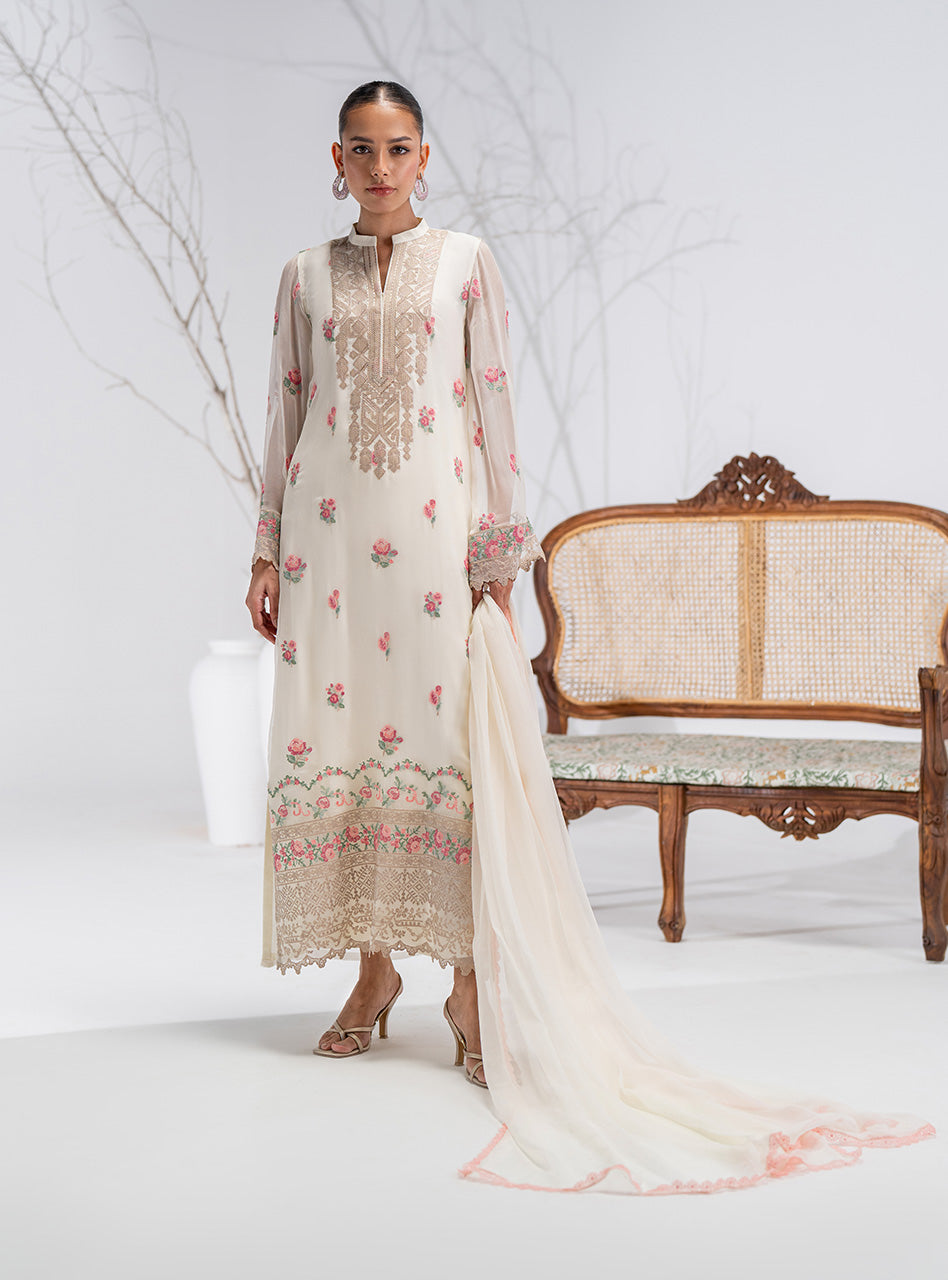 Pakistani Ivory Floral Embroidered Chiffon Salwar Kameez (3-Piece) - Image 1