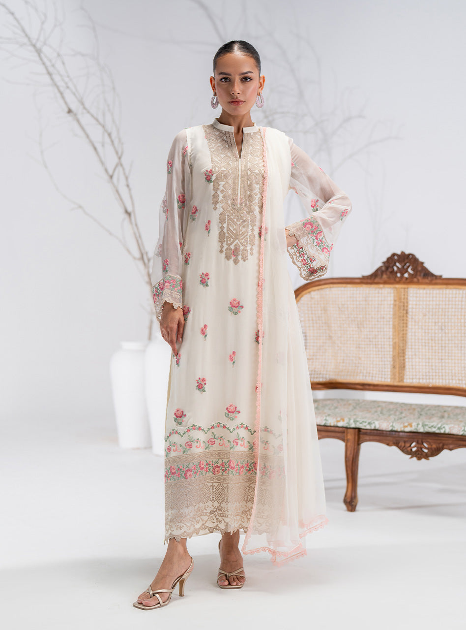 Pakistani Ivory Floral Embroidered Chiffon Salwar Kameez (3-Piece) - Image 10