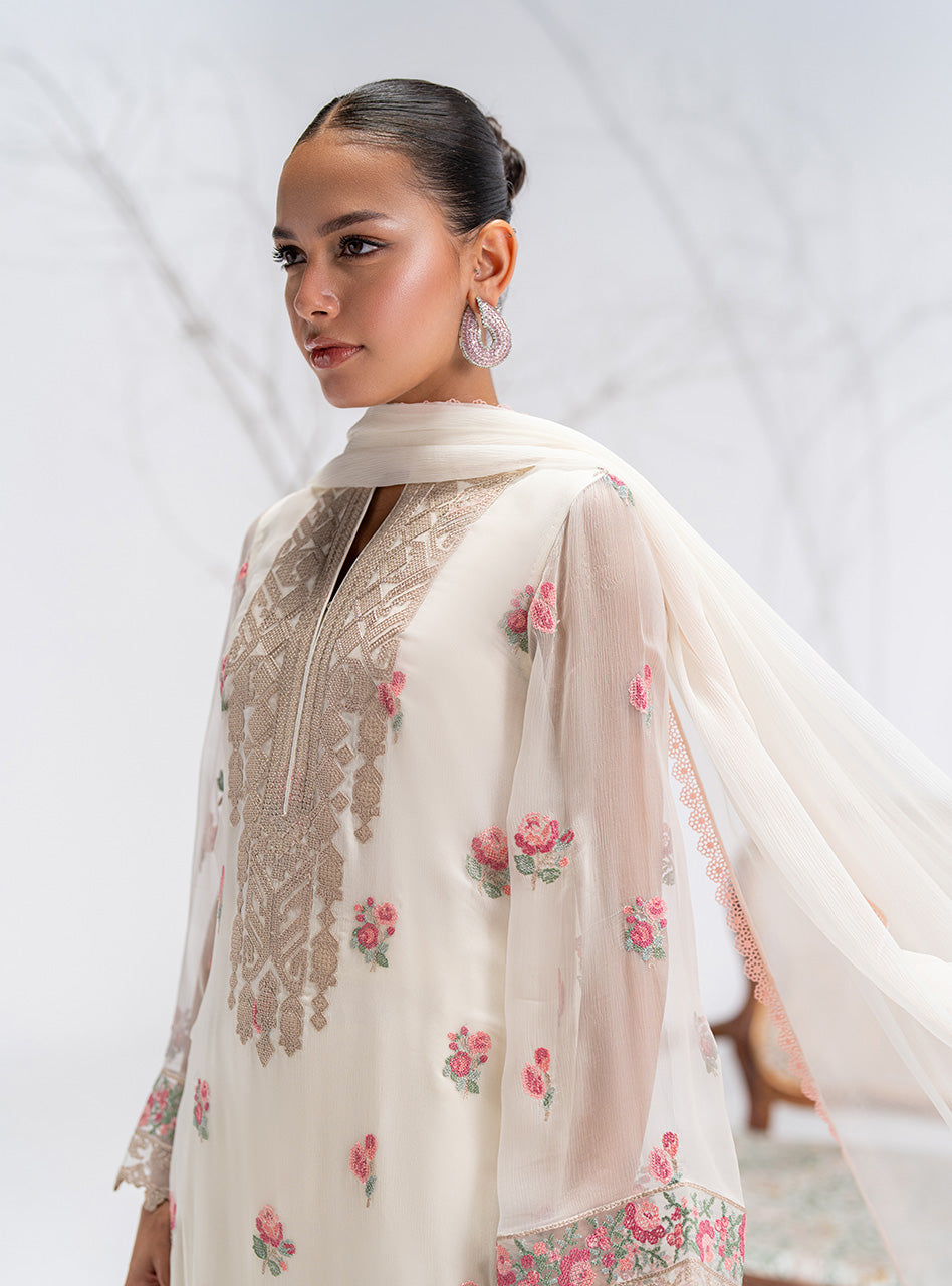 Pakistani Ivory Floral Embroidered Chiffon Salwar Kameez (3-Piece) - Image 2