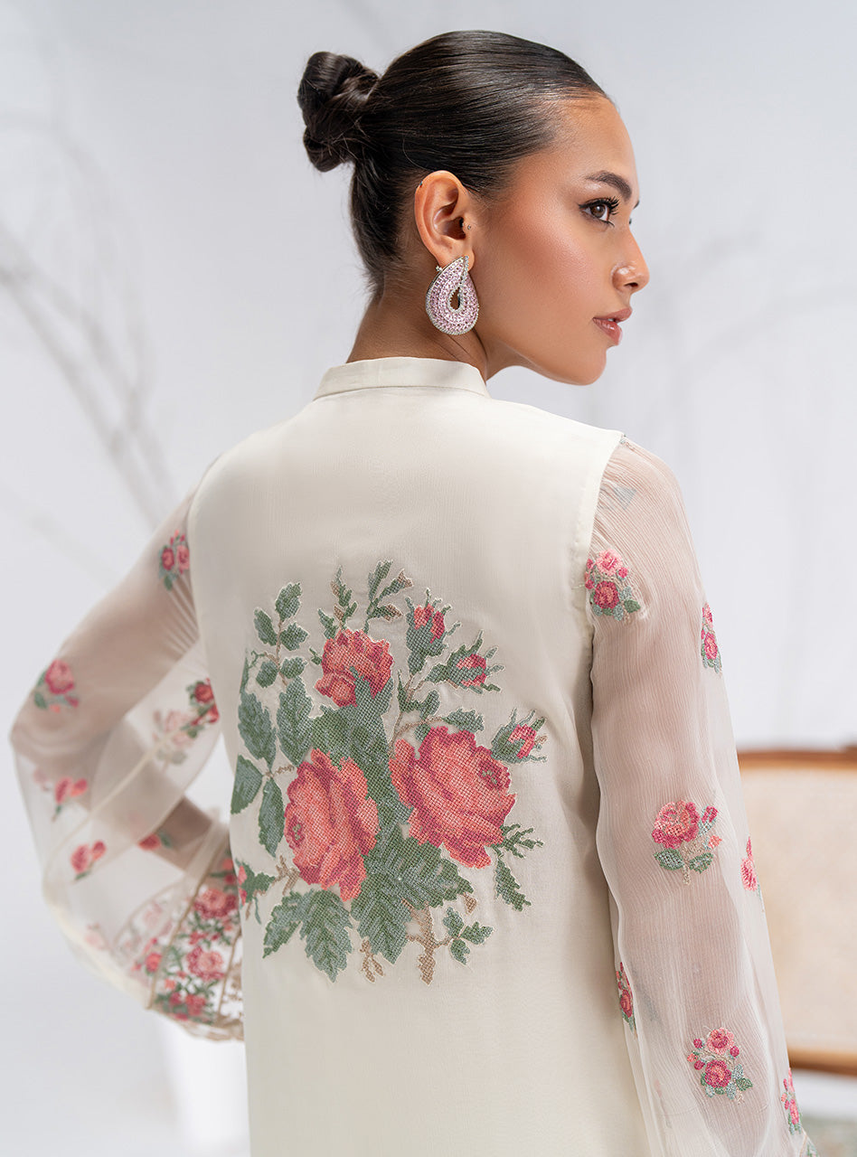 Pakistani Ivory Floral Embroidered Chiffon Salwar Kameez (3-Piece) - Image 4
