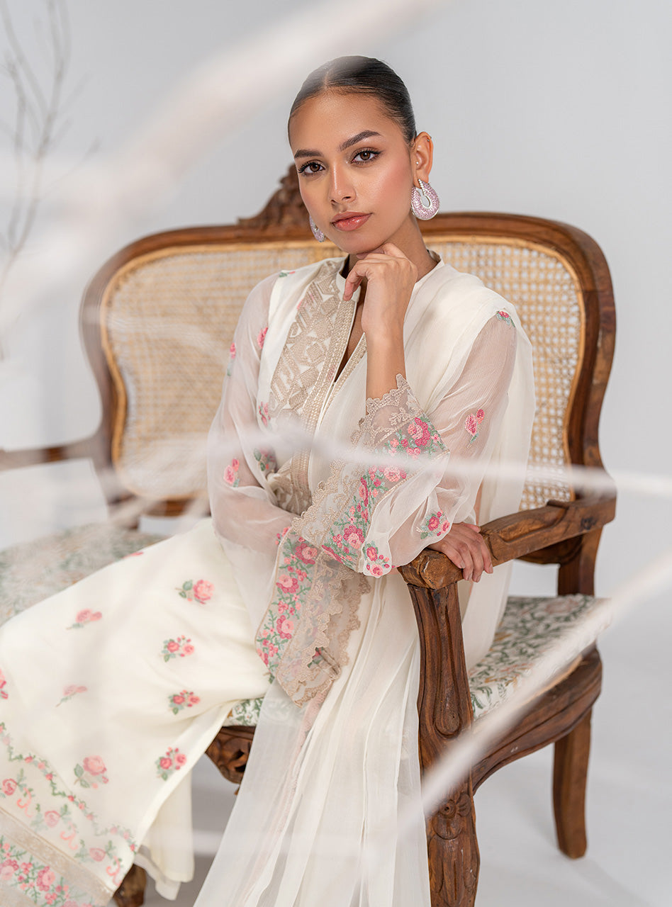 Pakistani Ivory Floral Embroidered Chiffon Salwar Kameez (3-Piece) - Image 5
