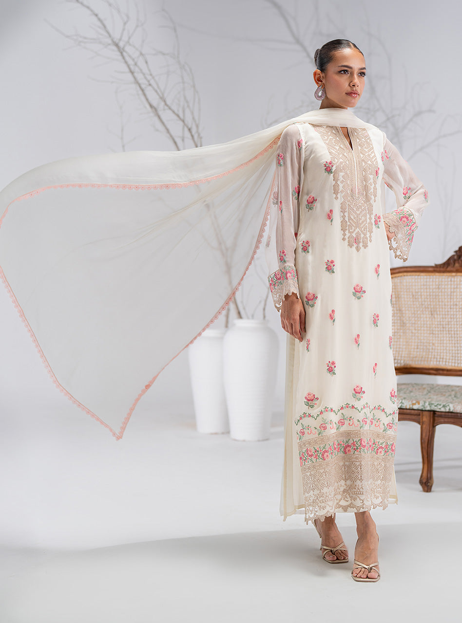 Pakistani Ivory Floral Embroidered Chiffon Salwar Kameez (3-Piece) - Image 8