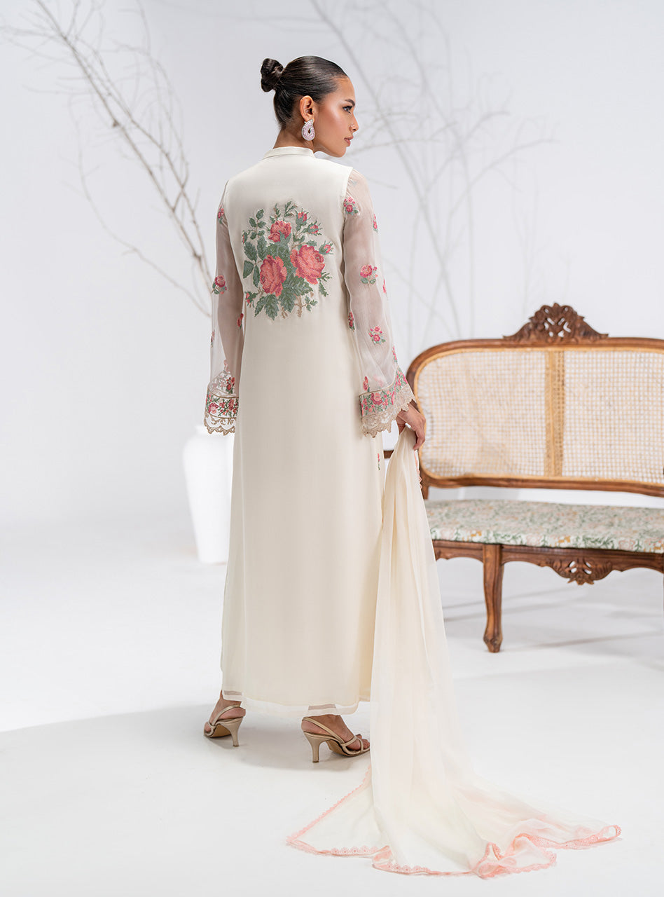 Pakistani Ivory Floral Embroidered Chiffon Salwar Kameez (3-Piece) - Image 9