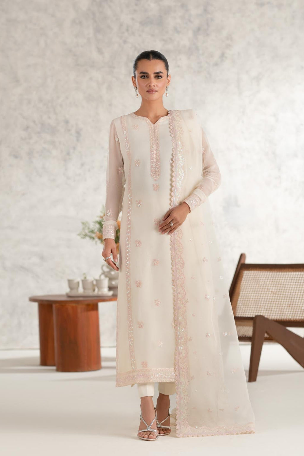 Pakistani Ivory Embroidered Chiffon Salwar Kameez (3-Piece) - Image 1