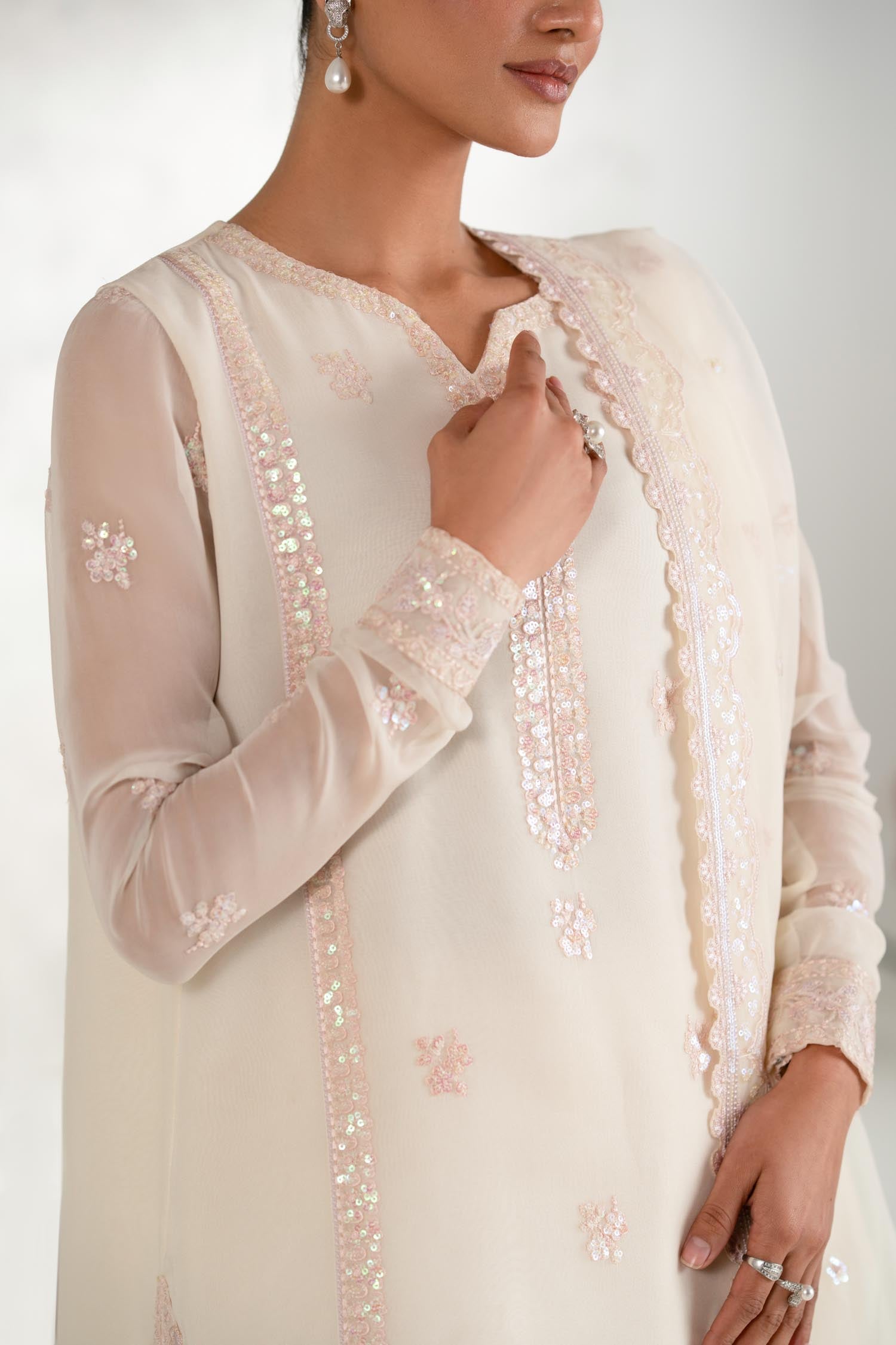 Pakistani Ivory Embroidered Chiffon Salwar Kameez (3-Piece) - Image 10